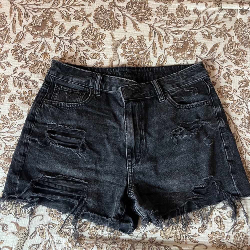Distressed Black Denim Shorts